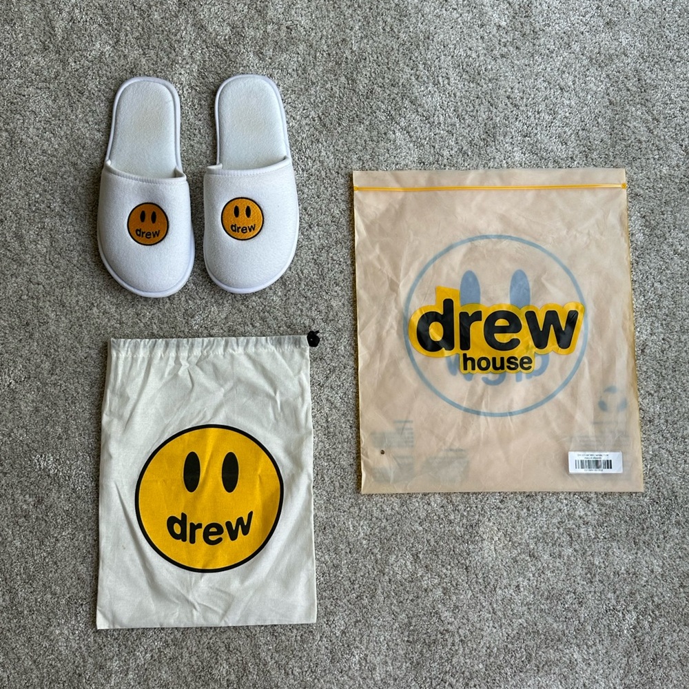 Drew House White Slippers with Yellow Smiley